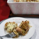 Stuffed mushrooms on a plate with a fork.