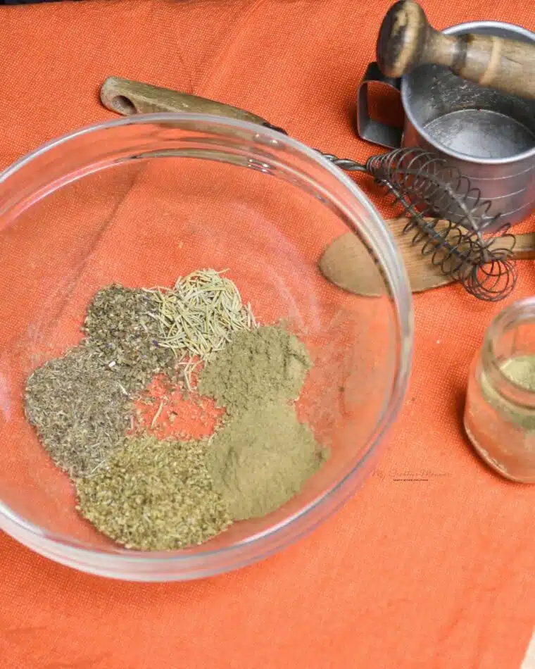 Overhead images of the homemade seasoning blend in it and a small jar next to it with more of the spice blend in it.