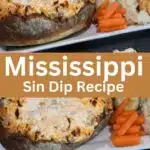 The words Mississippi sin dip recipe in the middle of the image with the hot dip in a bread bowl.