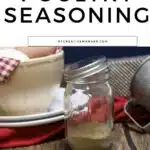A jar of homemade poultry seasoning with some in a measuring spoon.
