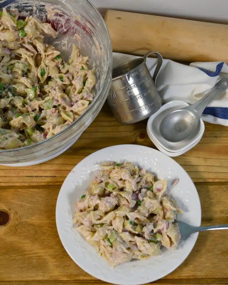 Looking down on a plate and owl that has the cold tuna pasta in it.