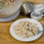 A plate filled with the cold classic tuna macaroni pasta salad recipe.