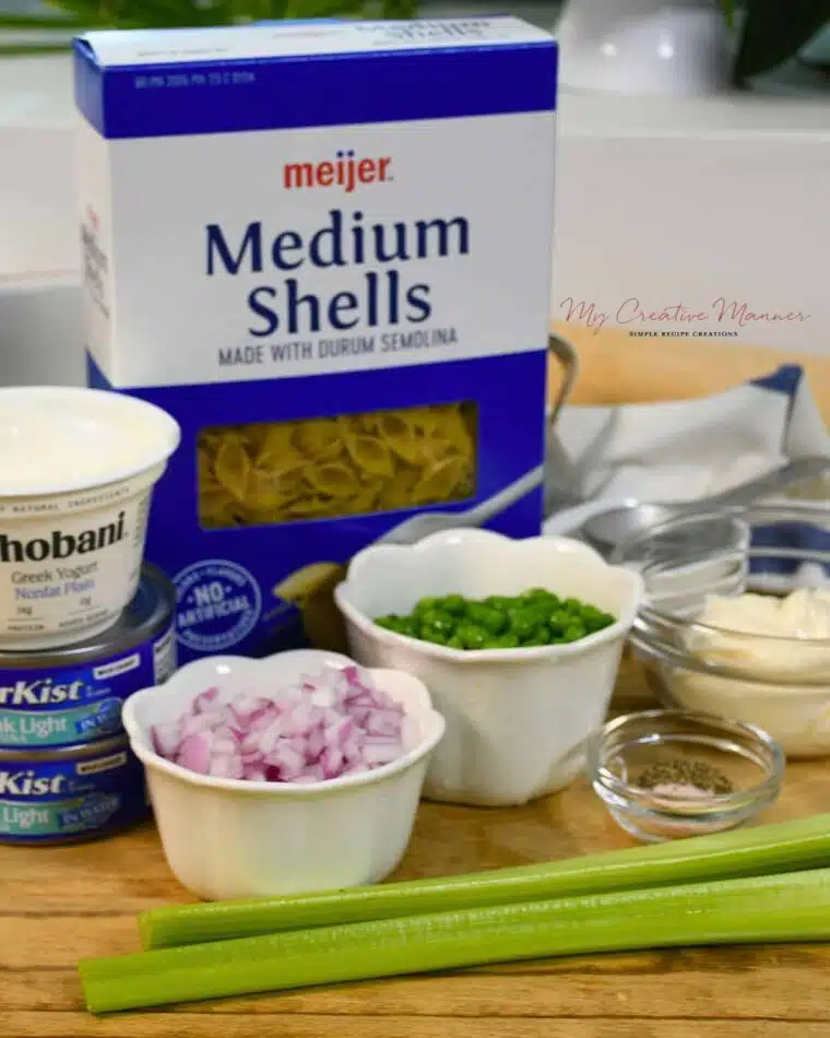 The ingredients needed to make this easy tuna pasta salad recipe.